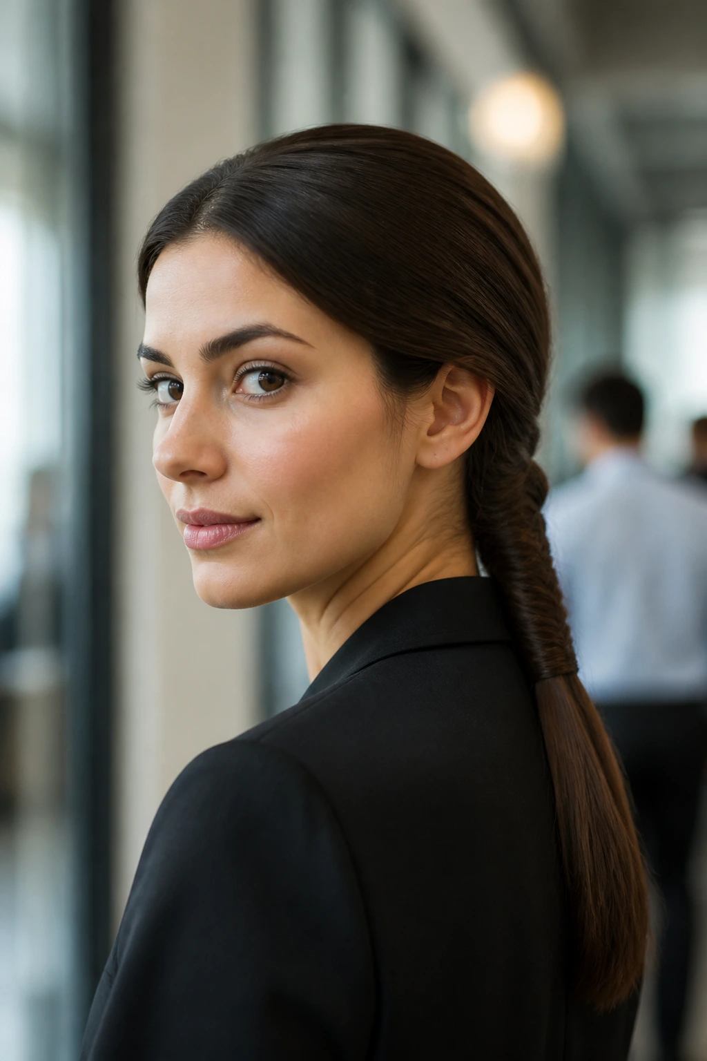 Real woman with a low-slung fishtail wrap ponytail in a professional setting