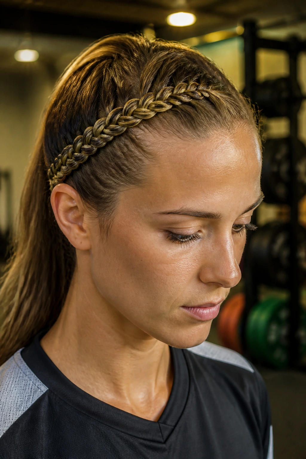 Close-up of an athlete showing a five-strand accent braid along the scalp.