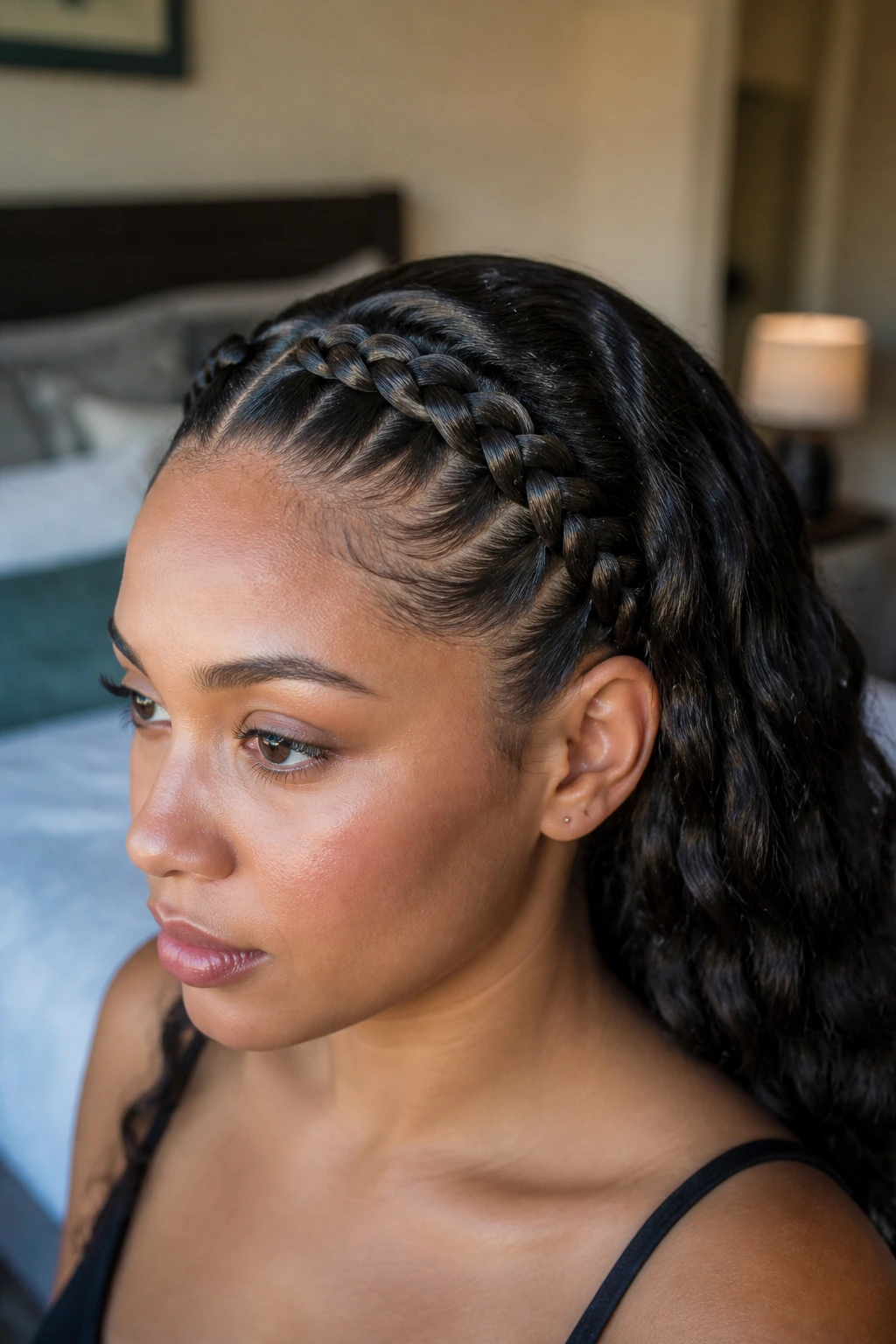 Five-strand accent braid along the hairline on a real person with soft bedroom lighting