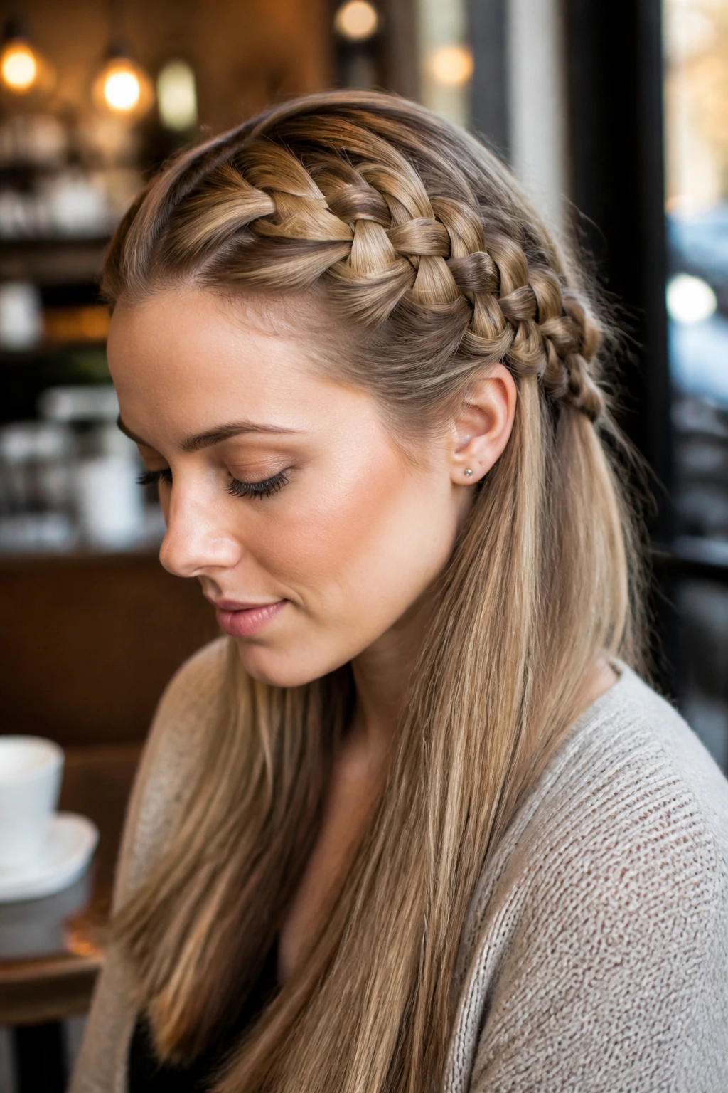 Close-up of a woman with a five-strand accent braid and volumized look.