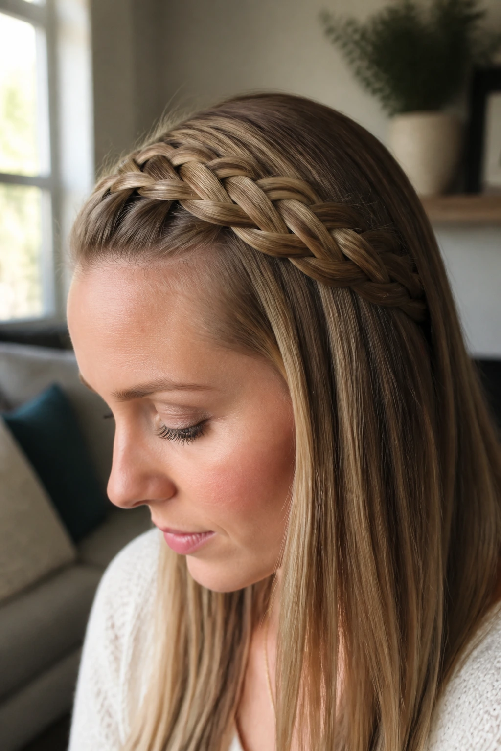 Close-up of a real woman with a five-strand accent braid on straight hair
