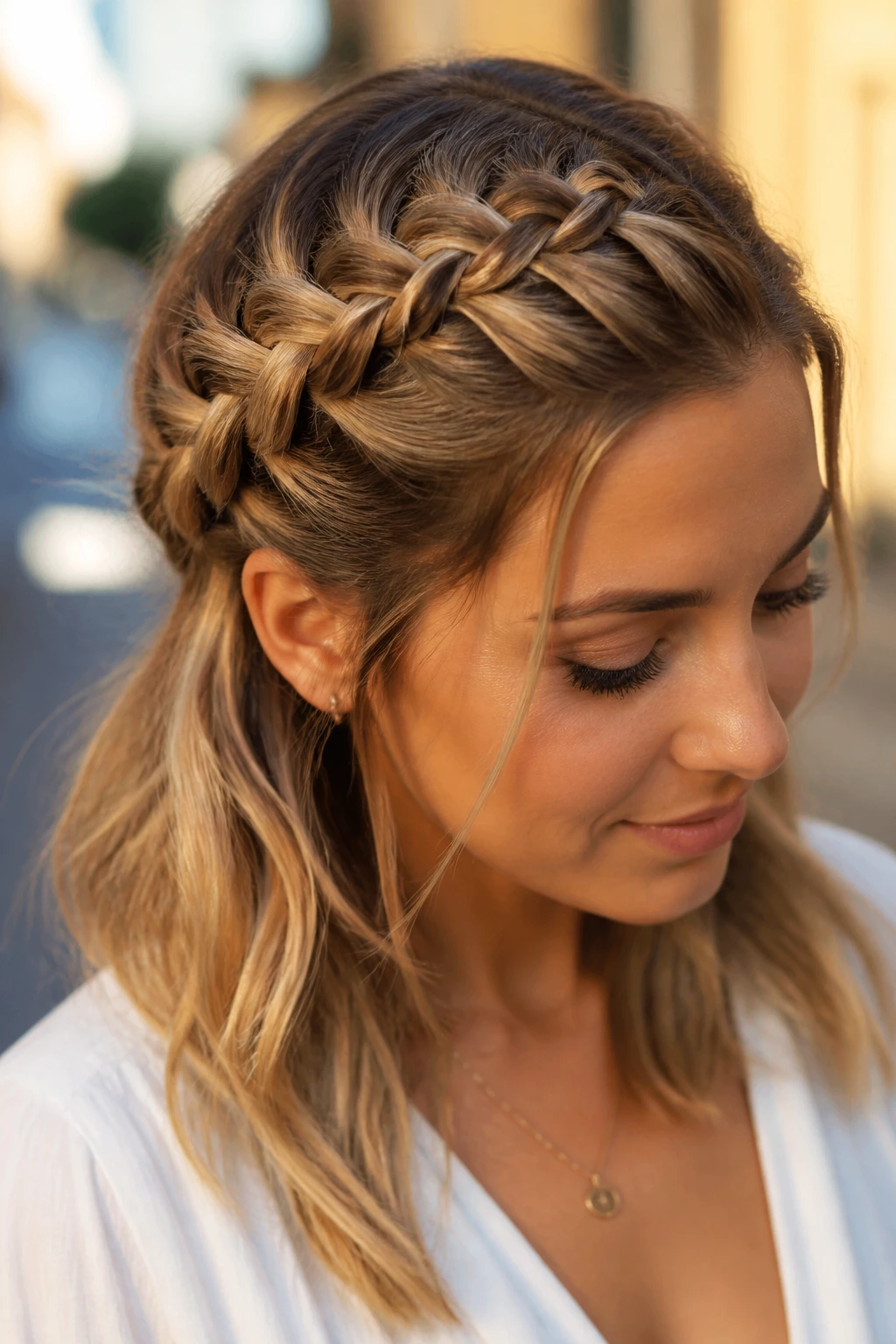 Real person with a five-strand statement braid in golden hour outdoor setting