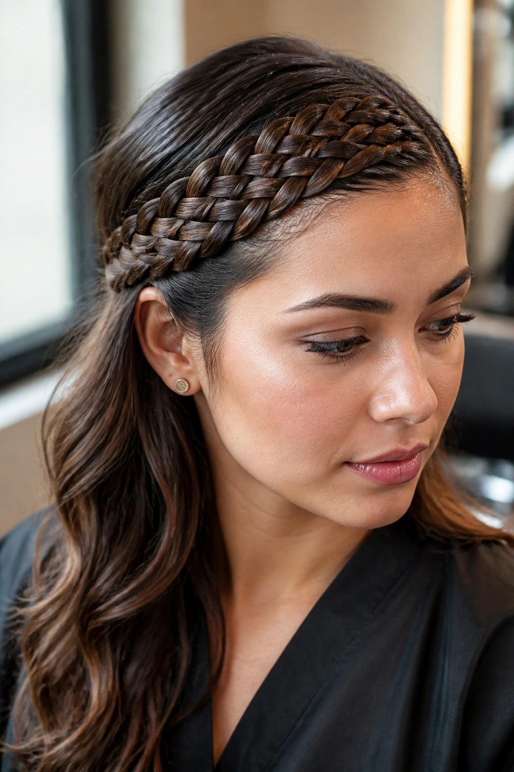 Close-up of a real woman with a flat five-strand braid over the temple