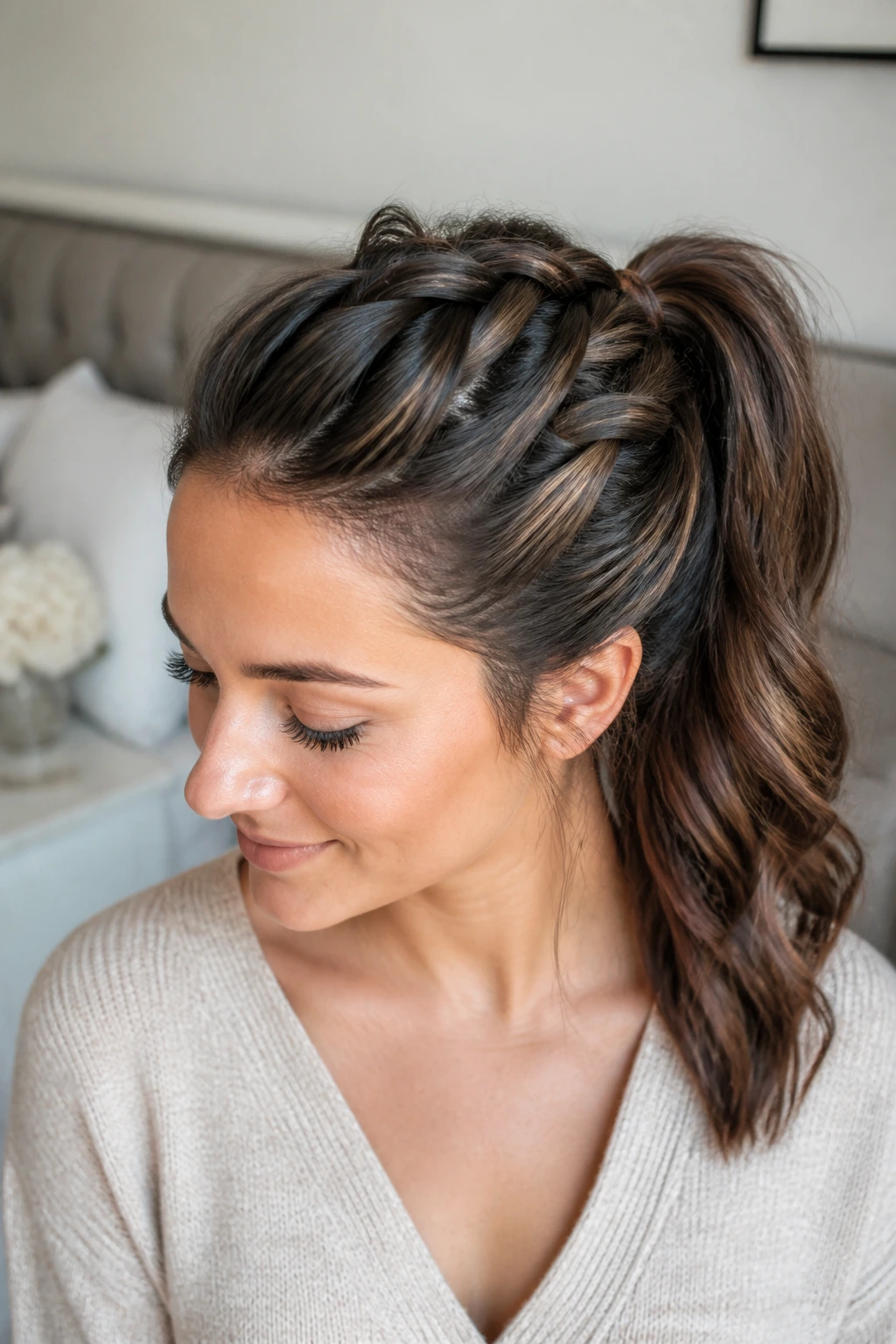 Close-up of a real woman's head showing the five-strand faux Dutch braid ponytail hairstyle in soft bedroom light