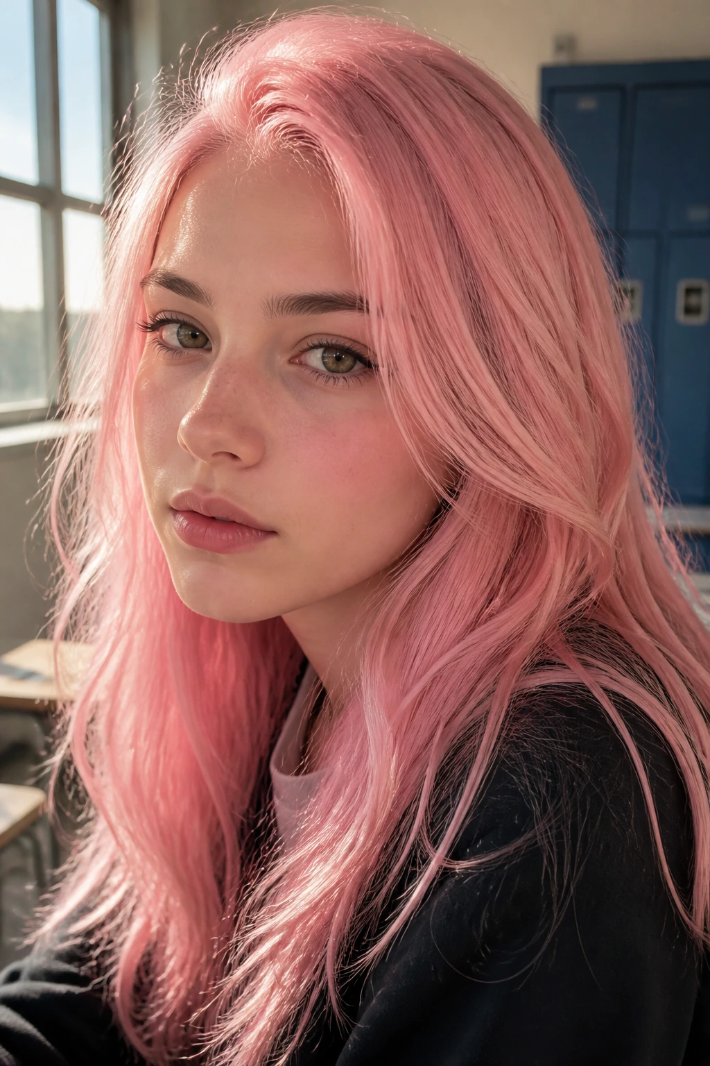 Close-up portrait of a real person with soft flamingo pink hair