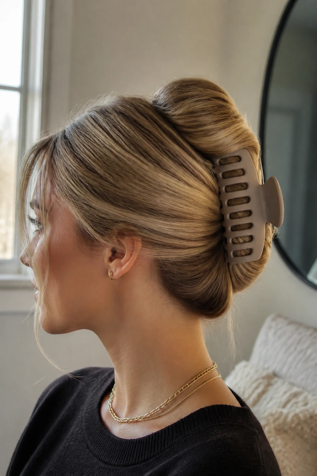 Close-up of a real woman with a flapped French twist secured by a matte claw clip