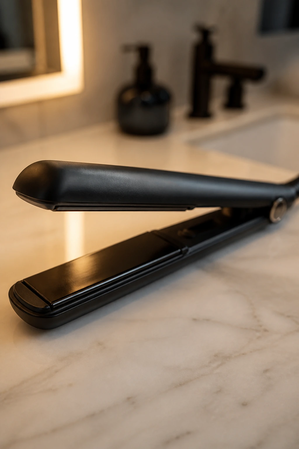 Close-up of a ceramic flat iron on a vanity in a bathroom/dressing area.