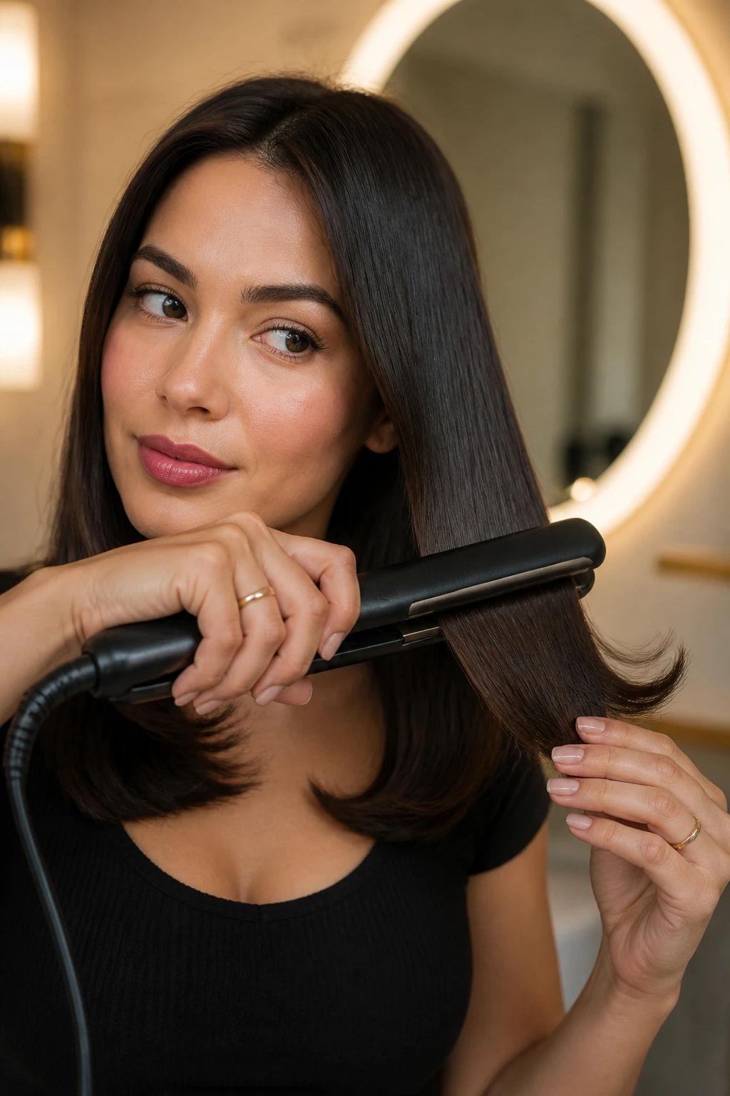 Close-up of a real person using a flat iron to create a hair flick