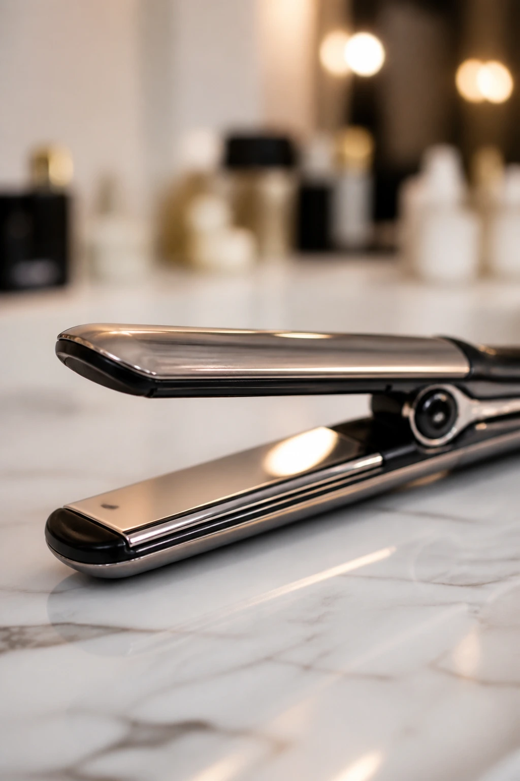 Close-up of a premium titanium flat iron on a clean salon counter