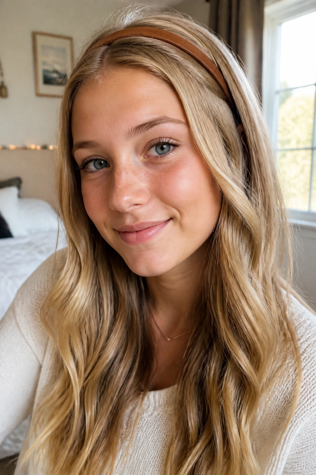 Close-up of a real student with flat-iron waves and brown suede headband.