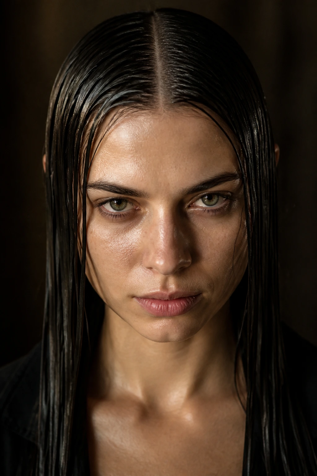 Close-up of oil-sheen, flat-pressed hair against the scalp