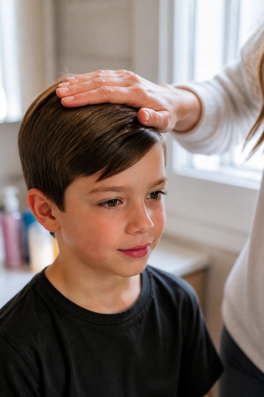 Child with flat hairstyle being smoothed by a parent's hand