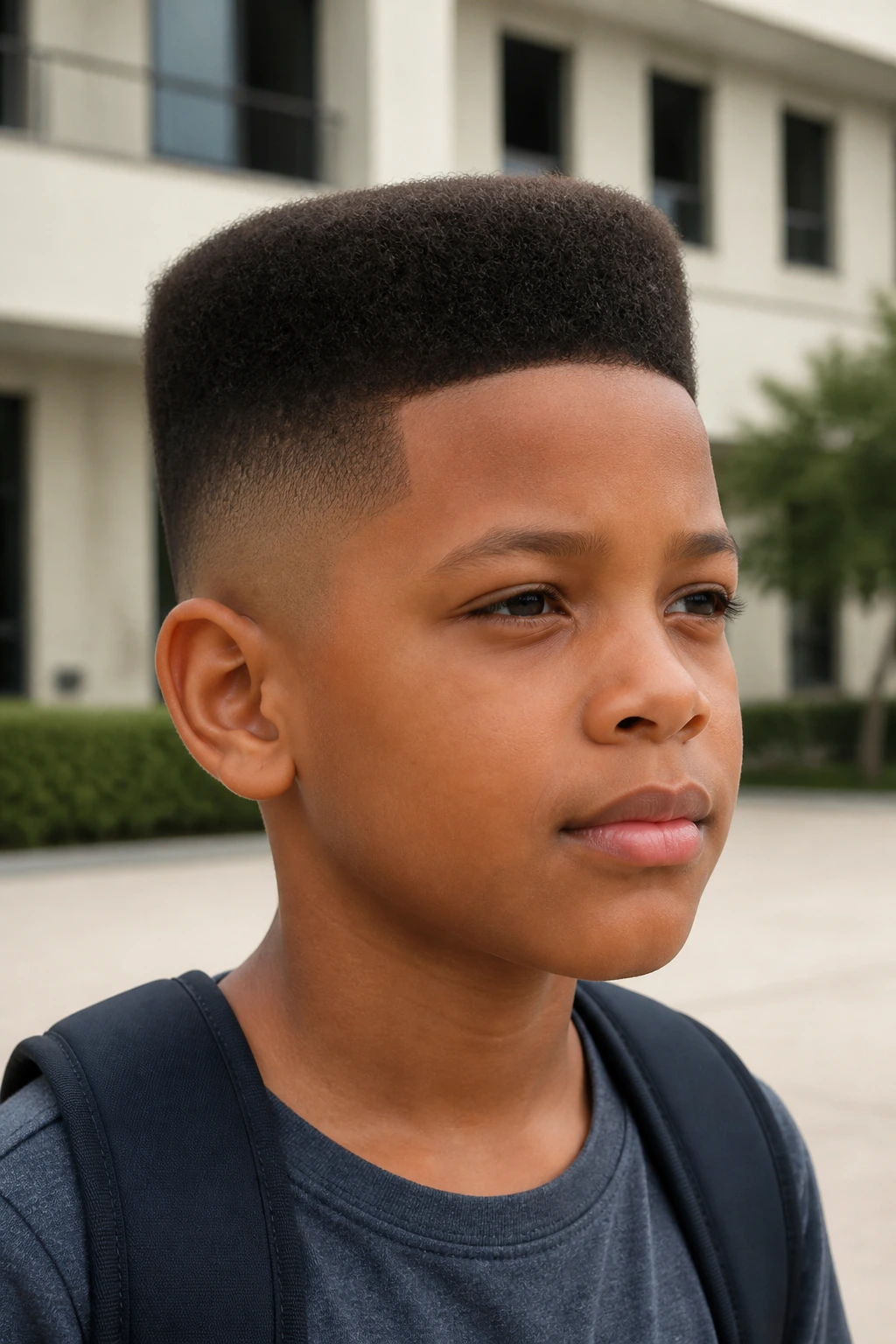 Close-up of a child with a flat-top crew hairstyle outdoors.