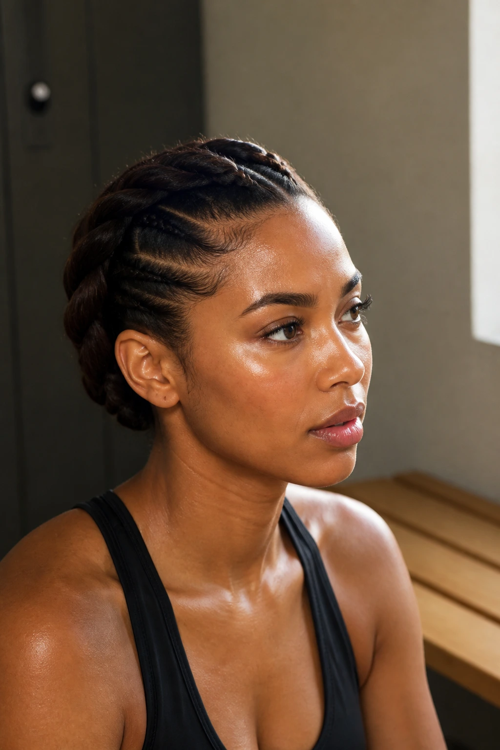 Close-up portrait of a real woman wearing a creaseless flat-twist crown along her hairline