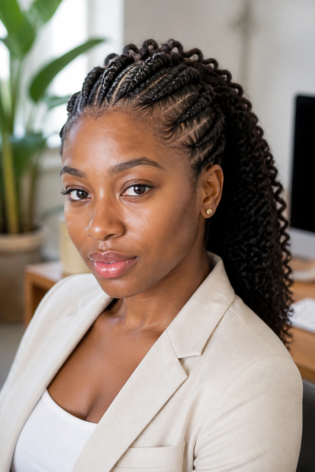Close-up of a real woman with front flat twists and back curly tracks in a home-office setting