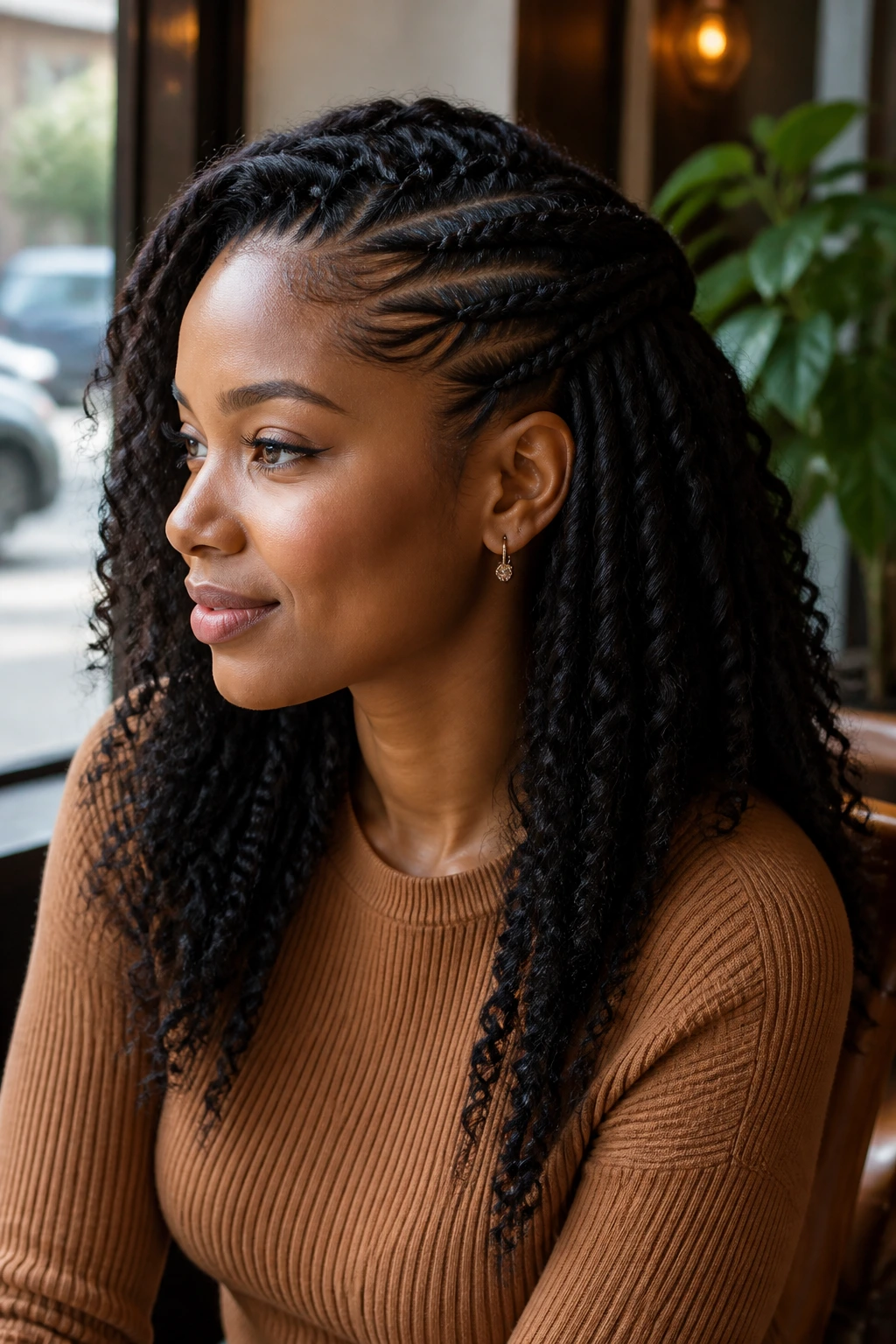 Portrait of a woman with half-back flat twists meeting at the back