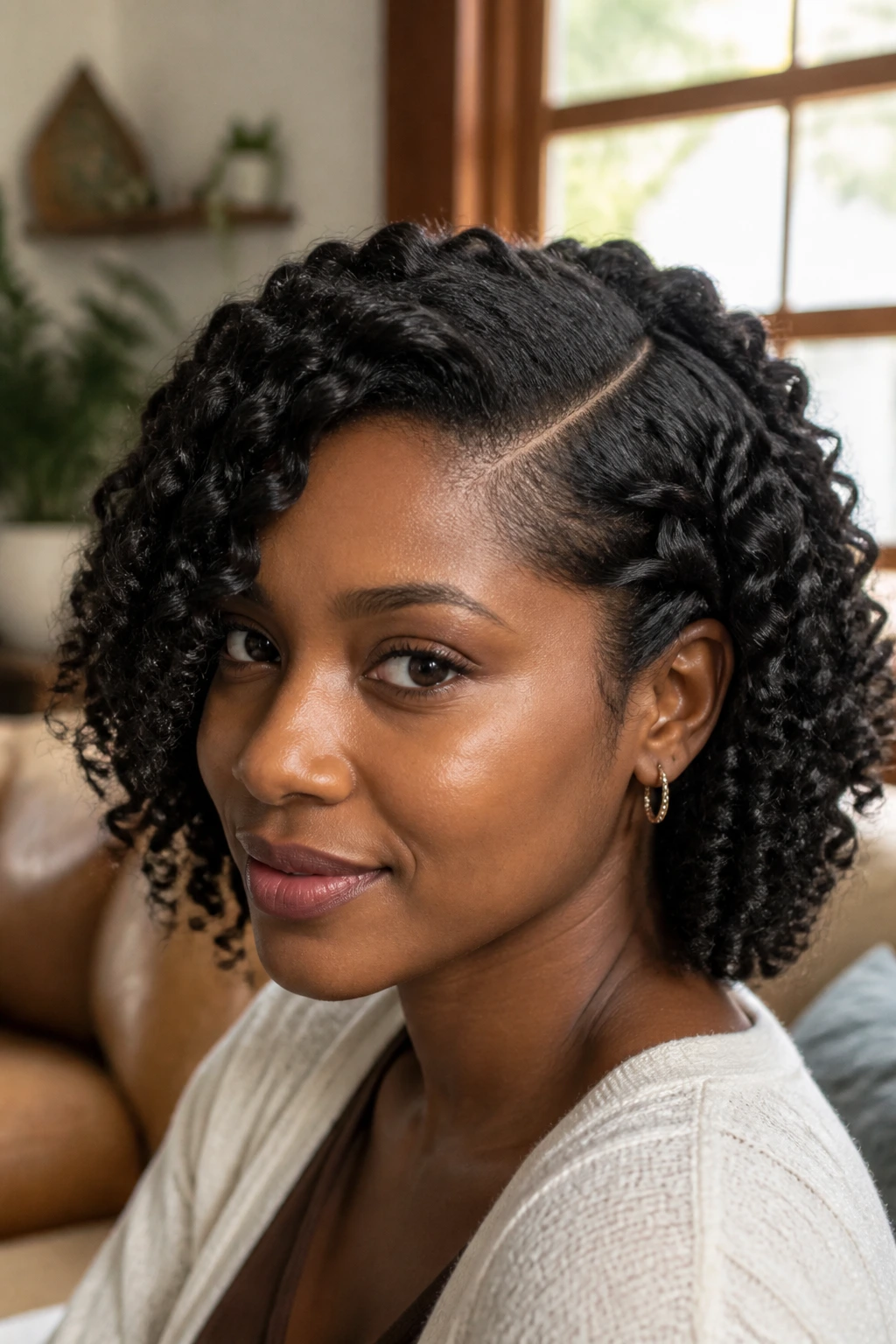 Close-up of a real woman showing flat twist-out waves with deep side part in warm light