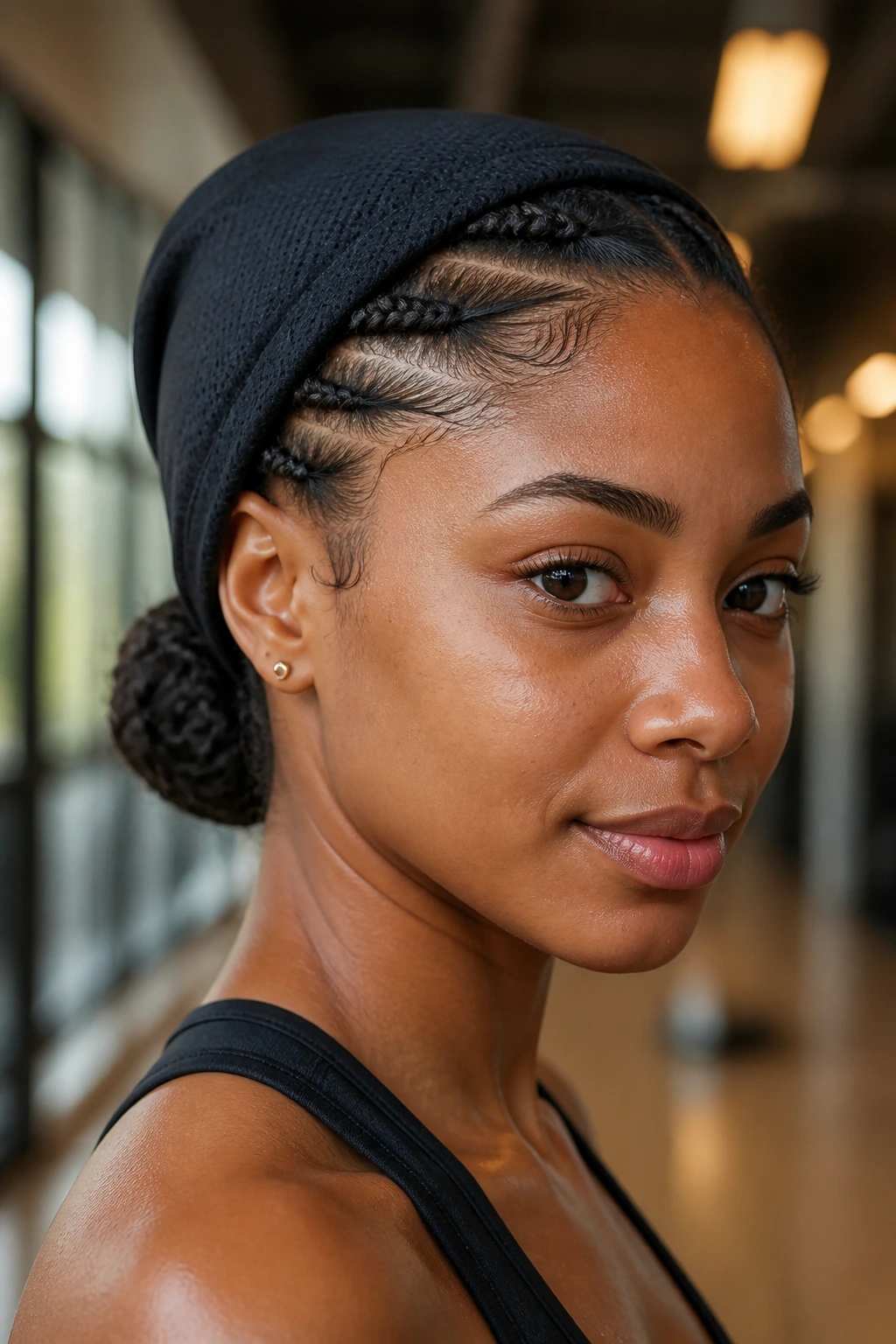 Close-up of a woman with flat-twist perimeter and satin beanie in gym setting