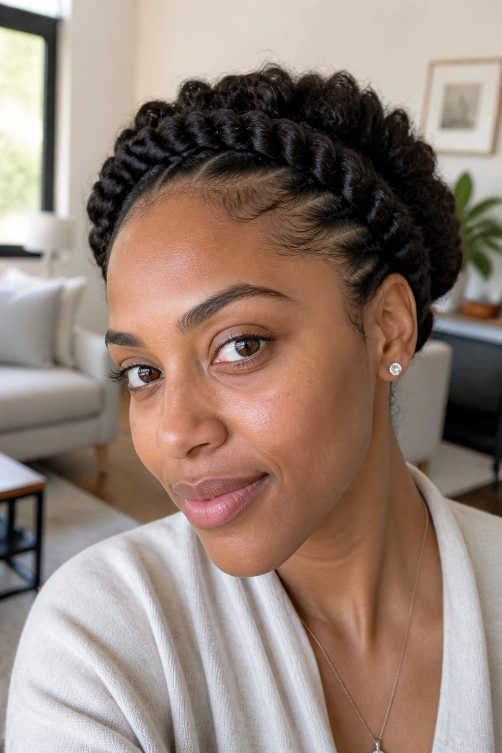Close-up of a real woman with flat-twisted halo along the front hairline