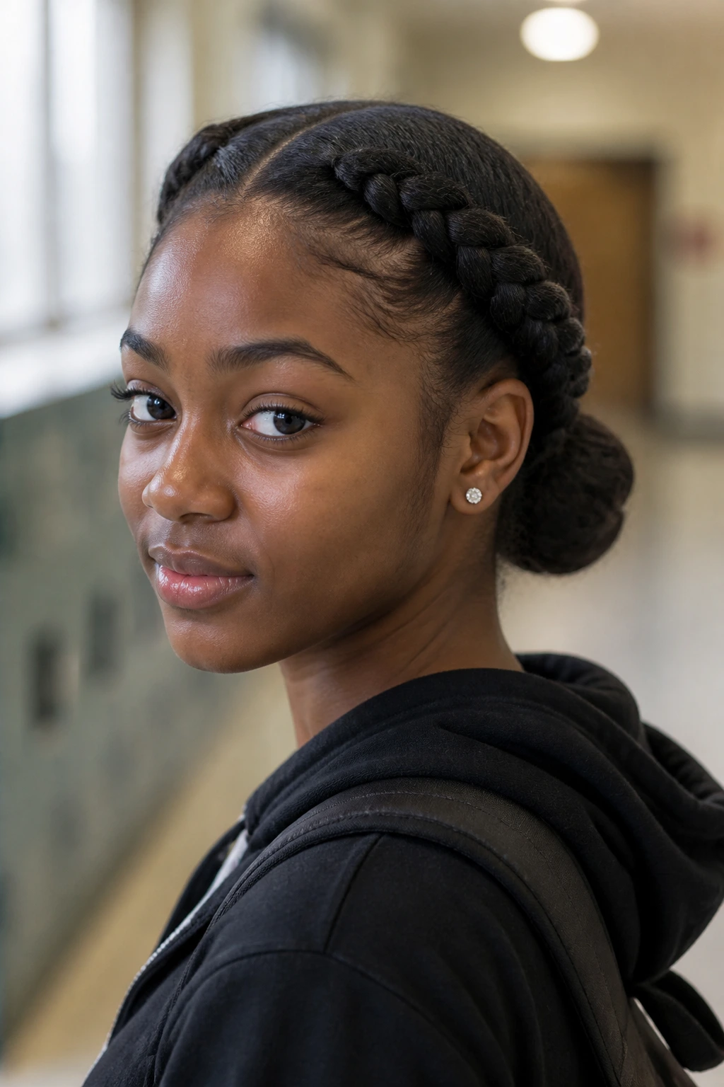 Close-up of a real student with two flat twists forming a low bun at the nape, in a school hallway setting.