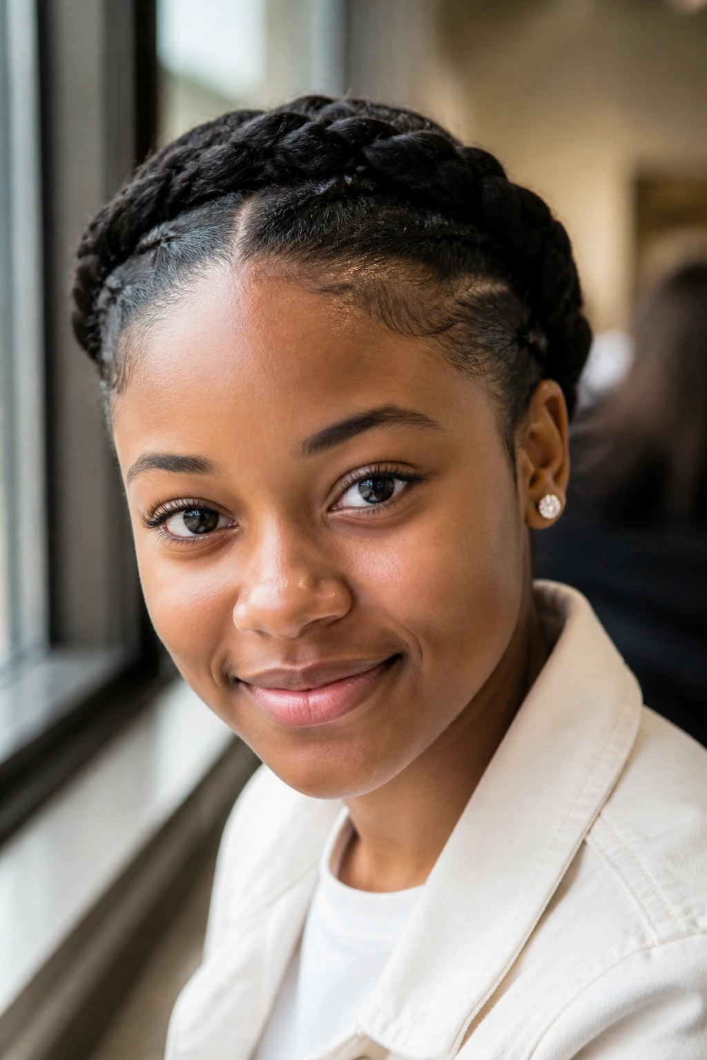 Real student wearing flat twist crown braid around the crown in a classroom setting.