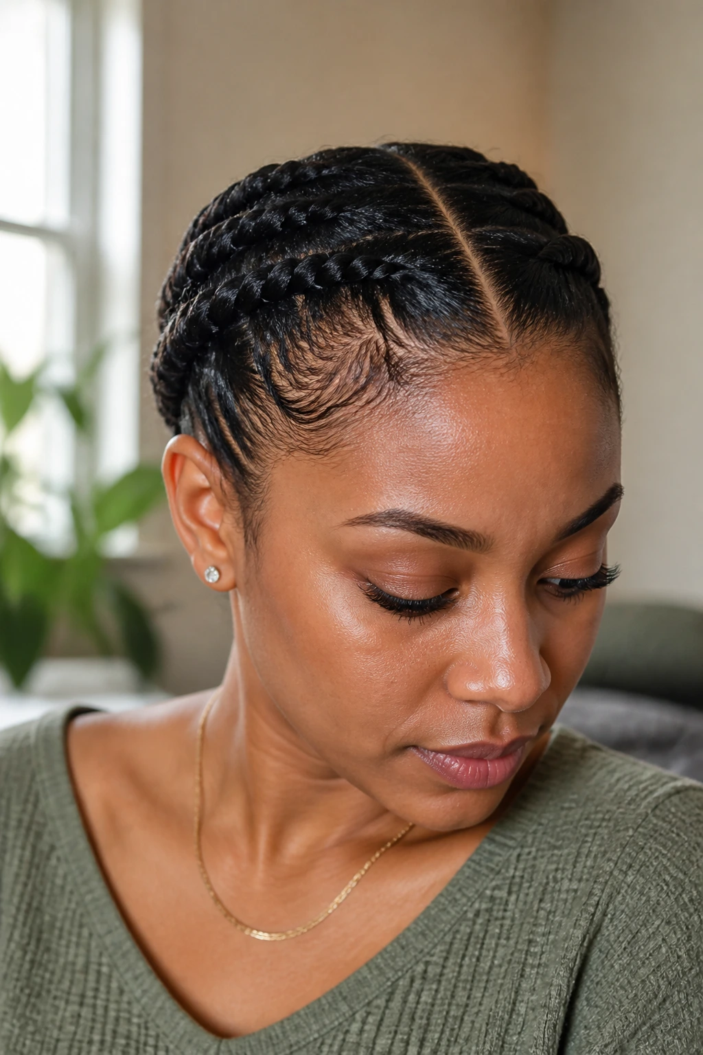 Woman with two flat twists.
