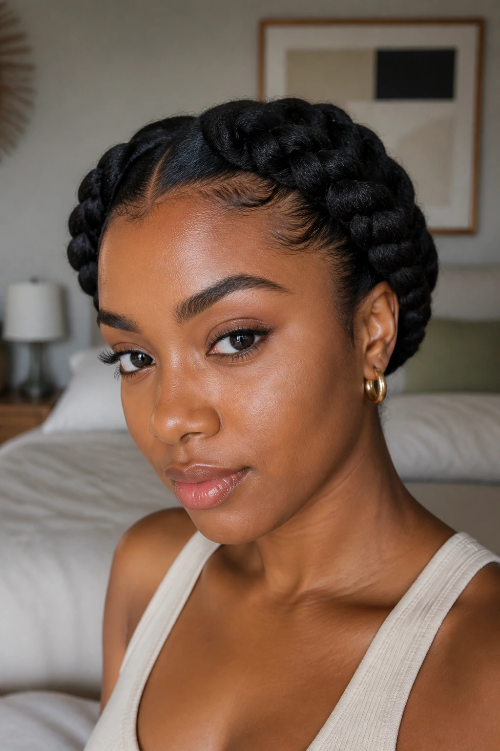 Close-up of a woman with flat twists forming a halo around her head