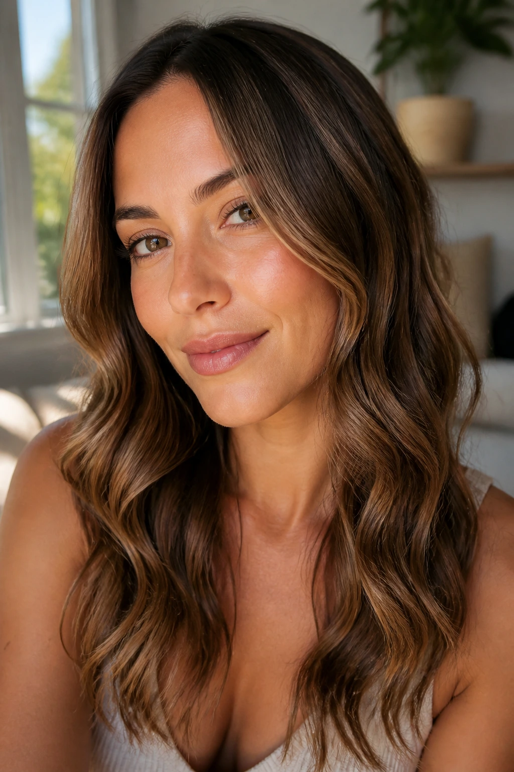 Close-up portrait of a real woman with flat-wrap beach wave curls