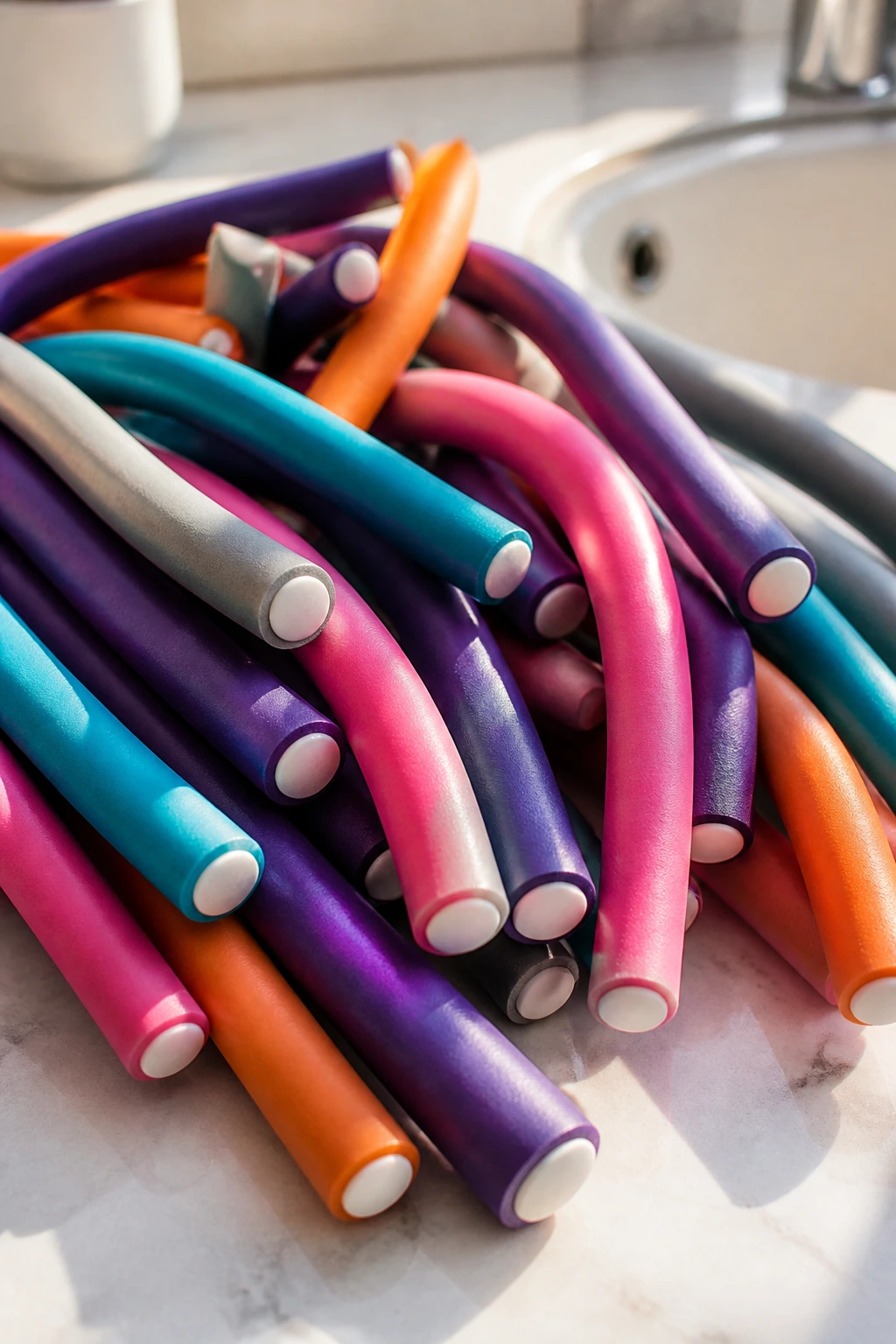 Close-up of colorful flexi-rods filling a clean bathroom counter ready for styling