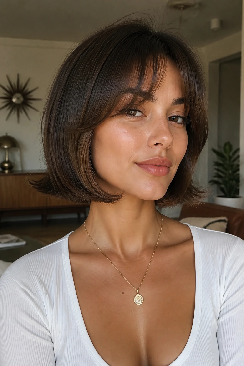Close-up portrait of a real woman with a blunt bob and outward flipped ends and long curtain bangs