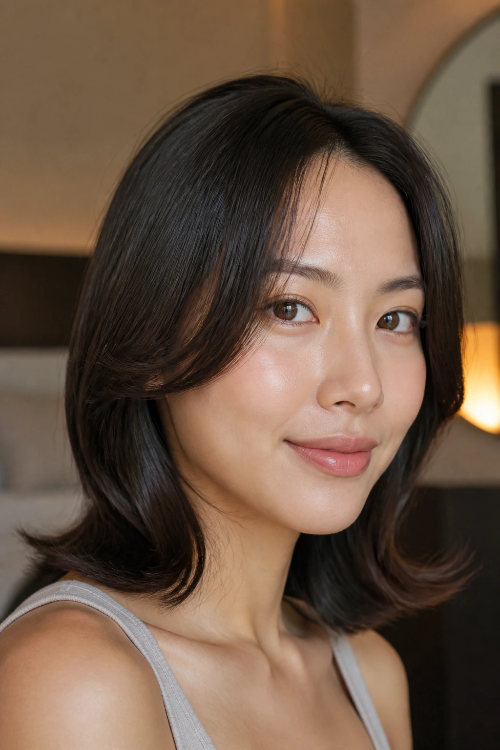 Portrait of a real person with flipped-out ends on shoulder-length hair