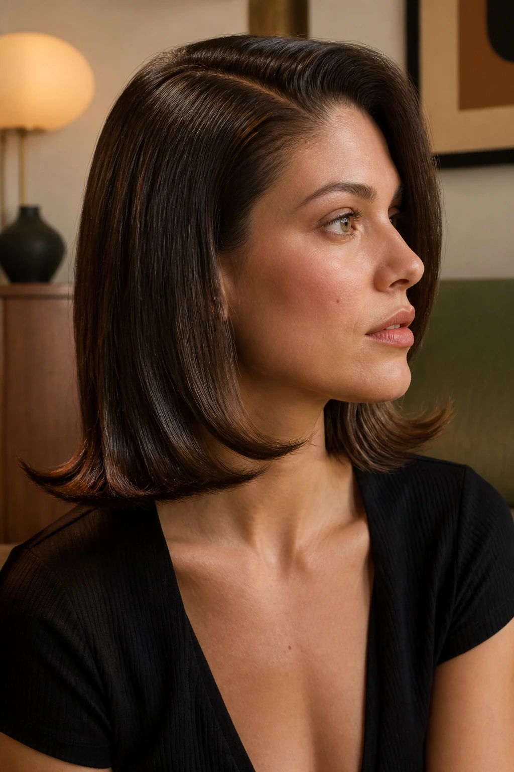 Close-up of a woman with flipped-out ends on straight hair and a deep side part