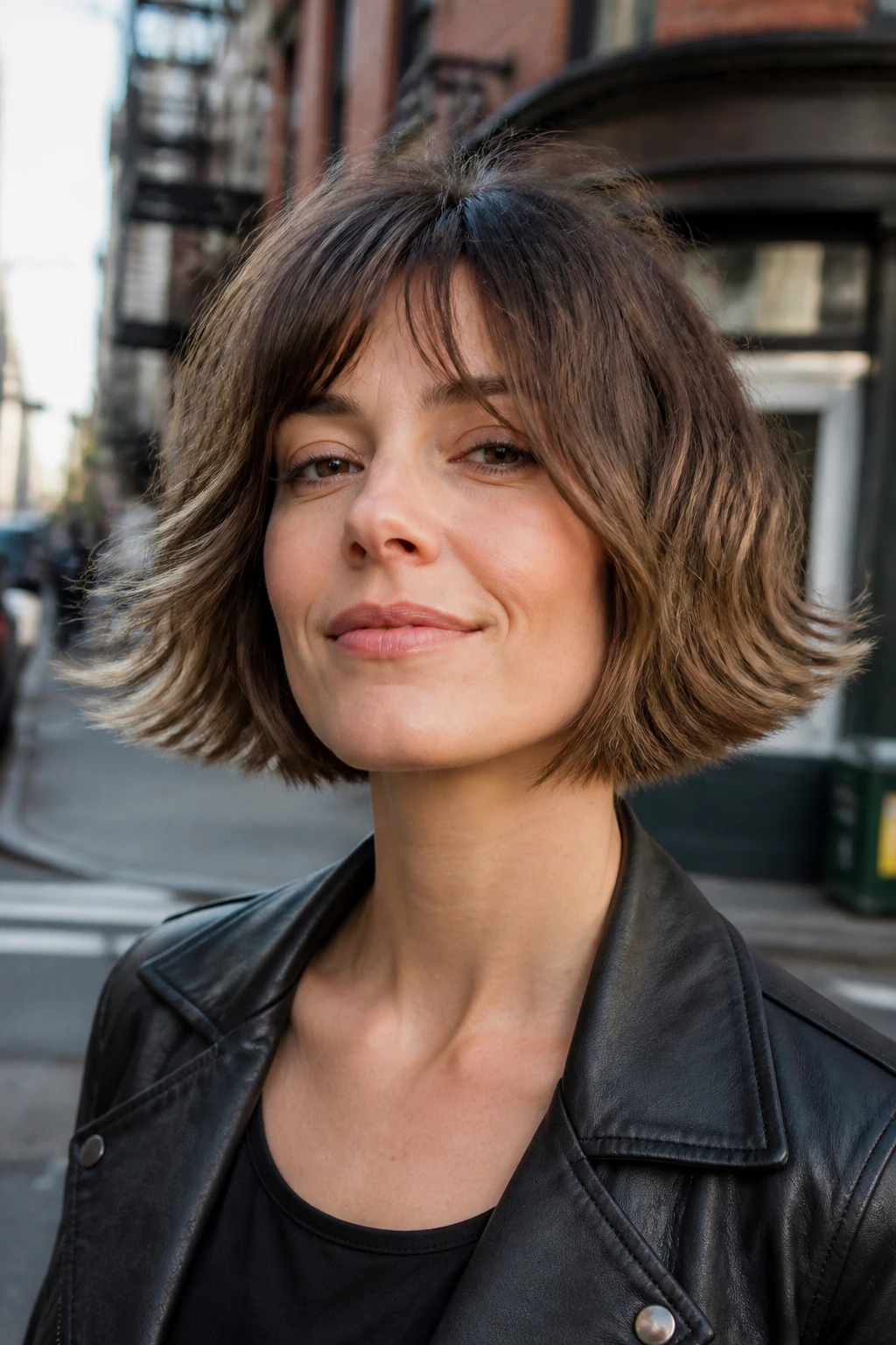 Close-up portrait of a person with flipped-out messy bob showing outward curled ends.