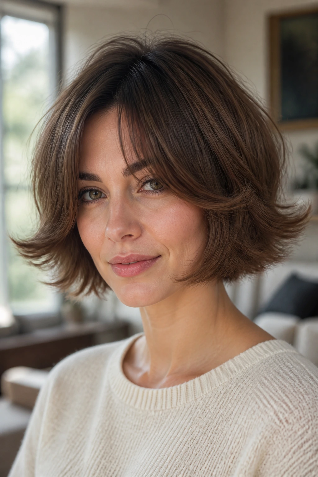 Close-up of a real woman with a flipped-out bob showing outward ends for volume in warm window light