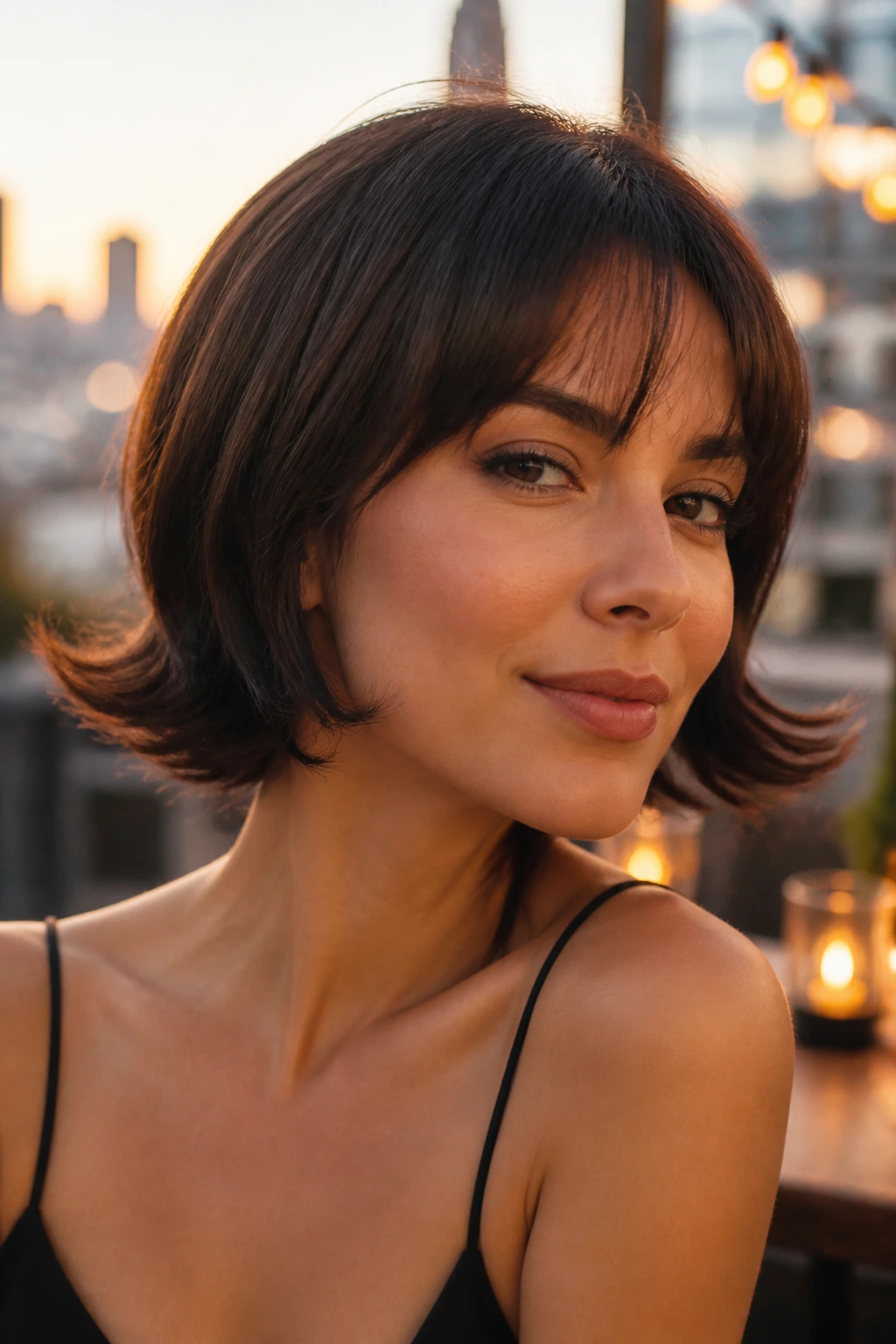 Real woman with a flipped-out ends bob wig on an urban rooftop cafe at golden hour.