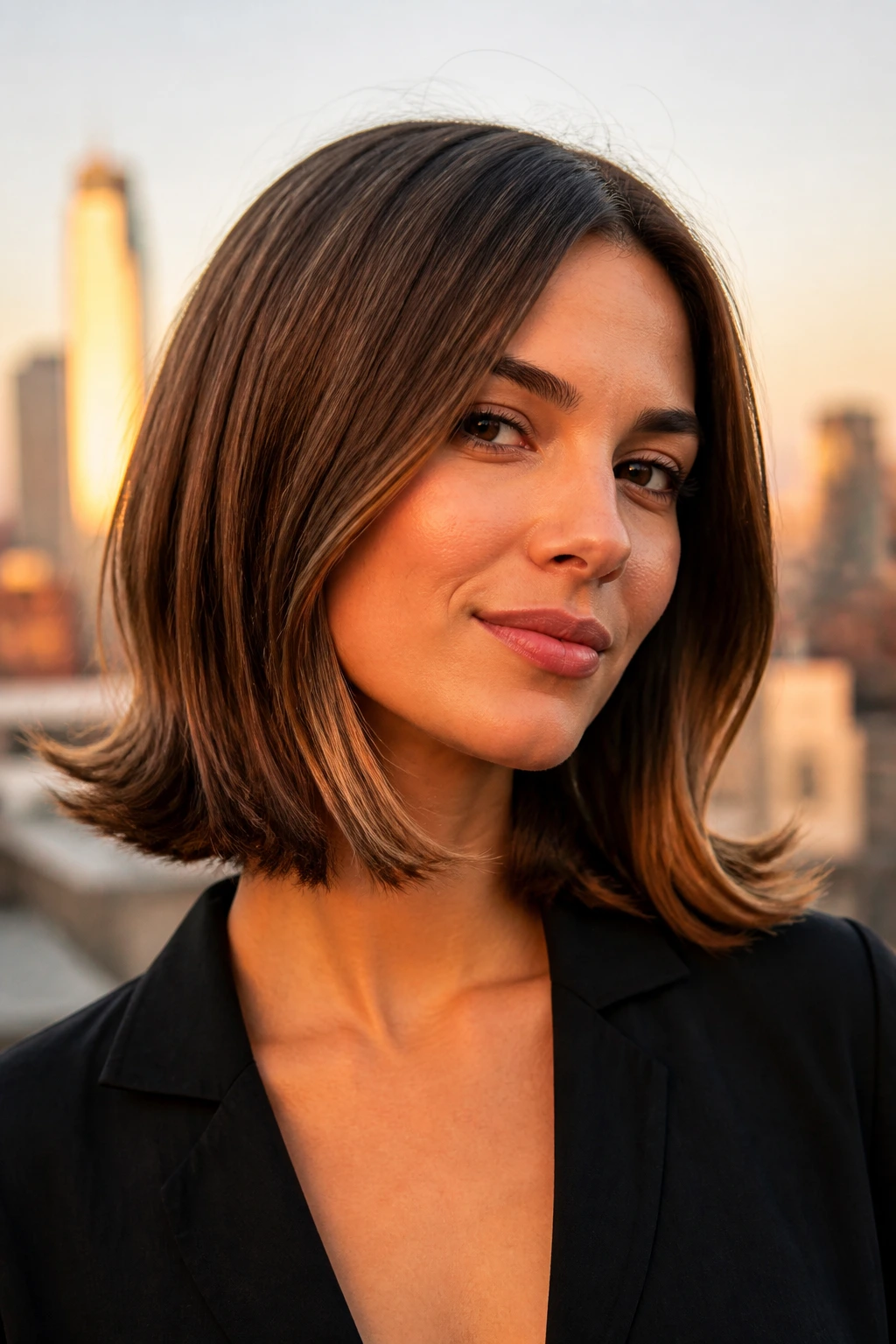 Close-up of a real woman with a lob featuring flipped-out outward ends.