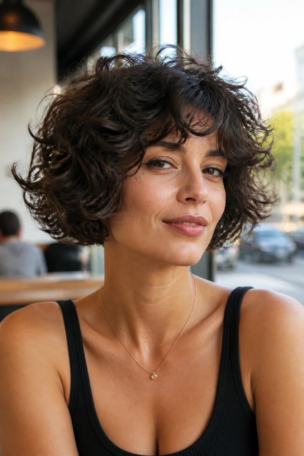 Real woman with flipped-out inverted bob in natural daylight