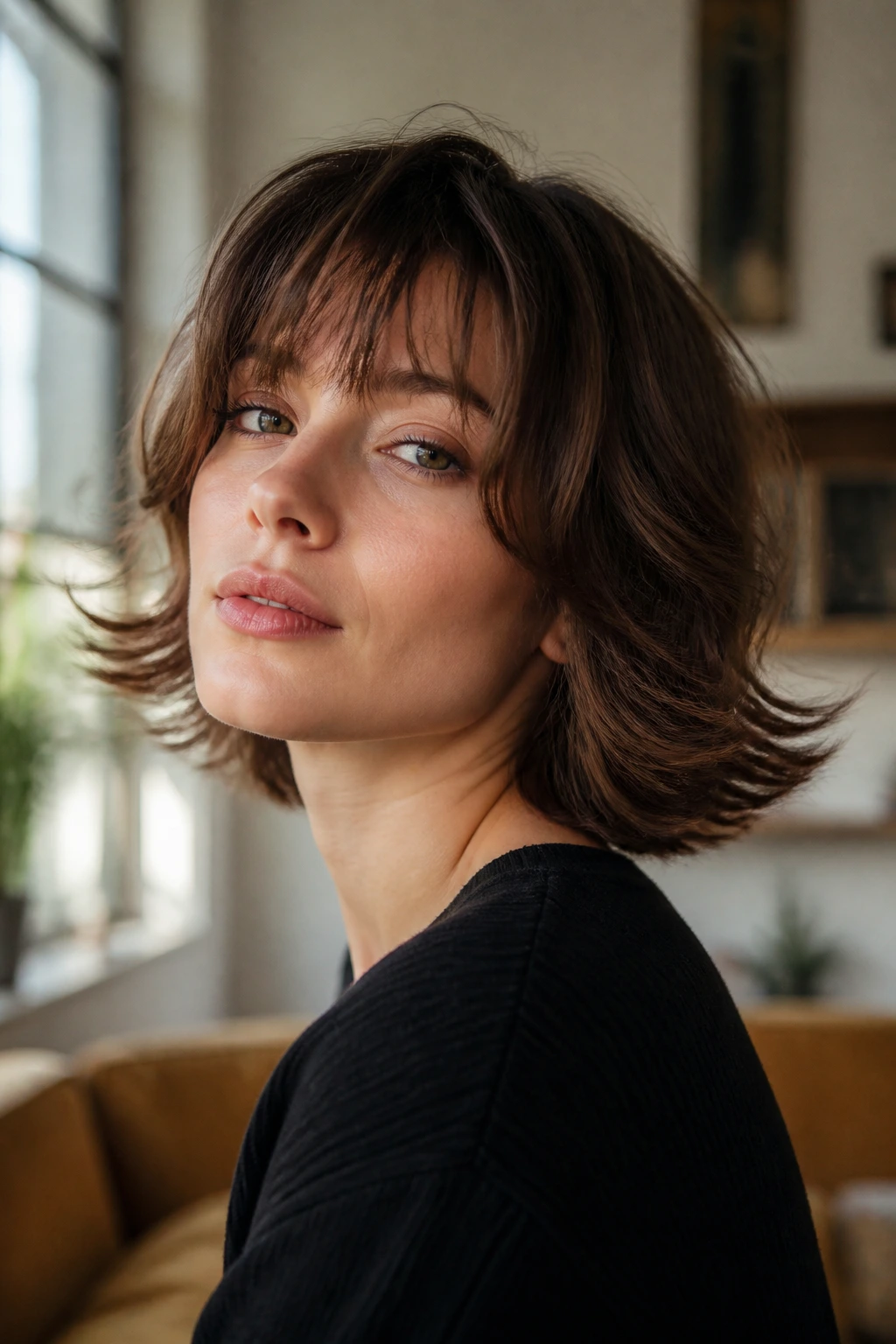 Close-up of a woman with flipped-out shag ends in a bright cozy room
