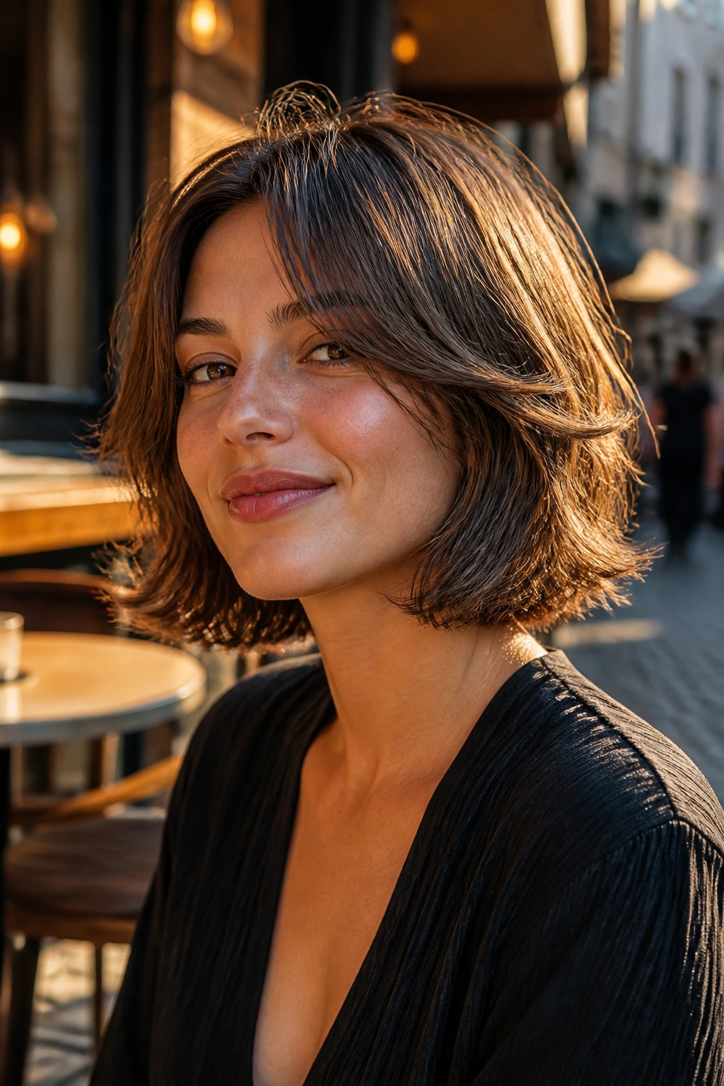 Portrait of a real woman with a flipped-out textured bob showing outward-end styling