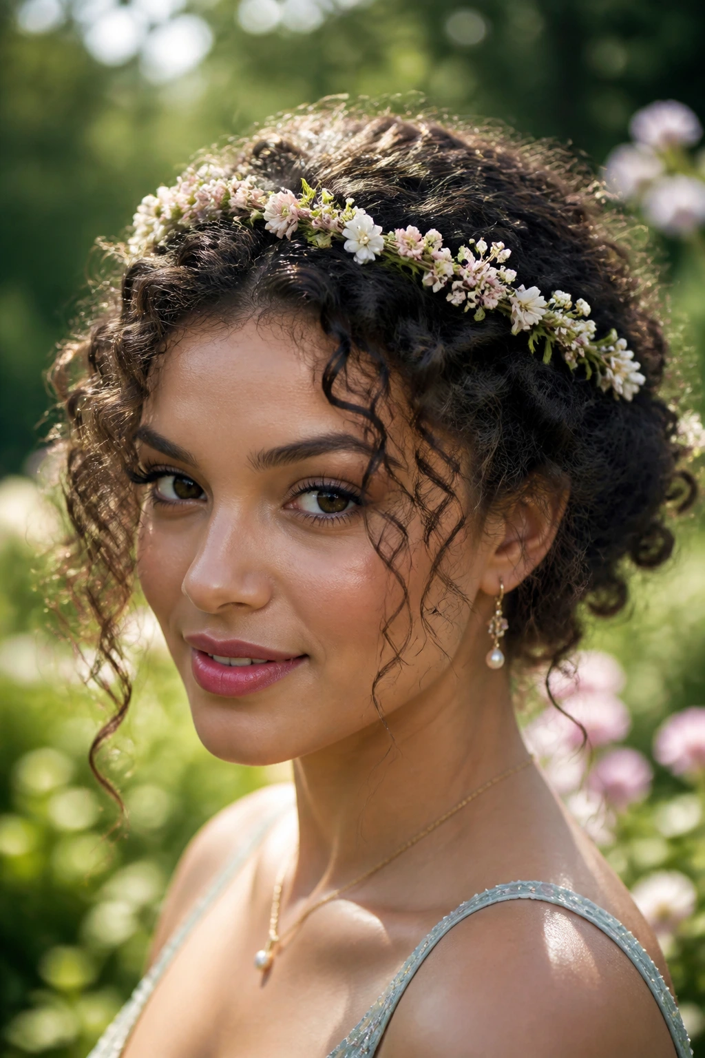 Delicate floral crown on curly hair