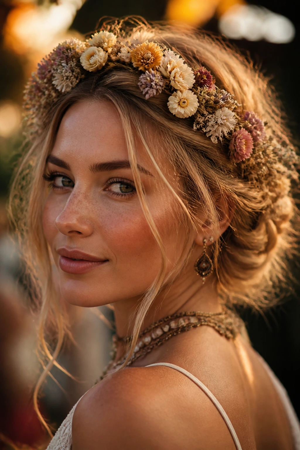 Woman with floral crown updo at festival during sunset