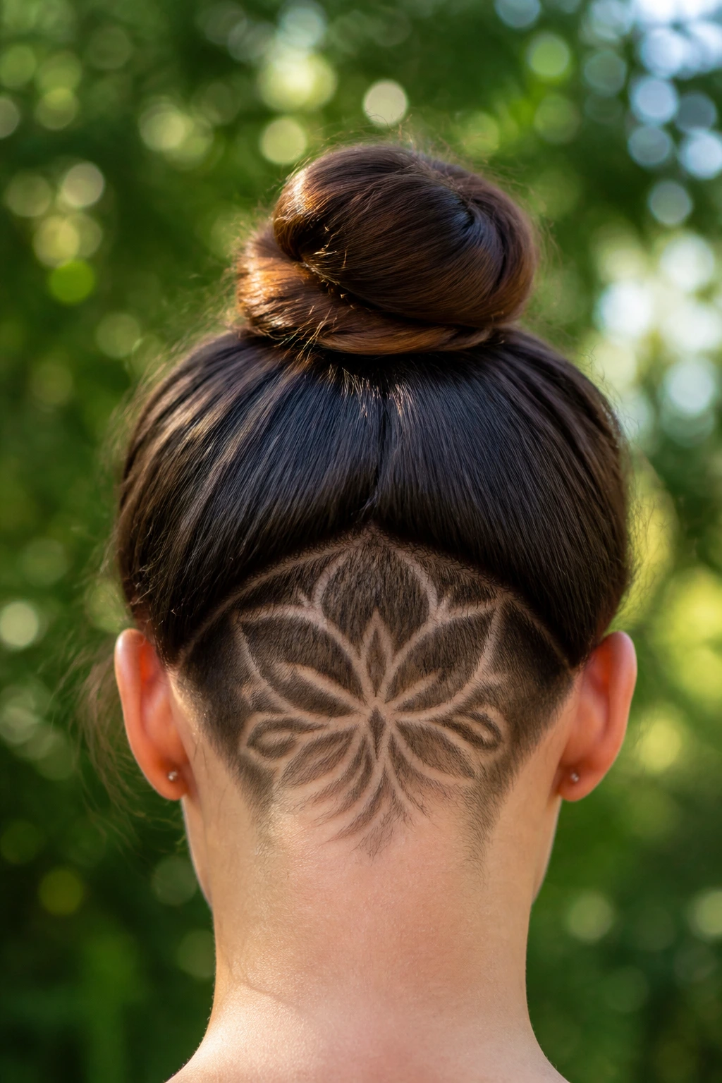 Back view showing floral cutout at the nape with hair in a bun