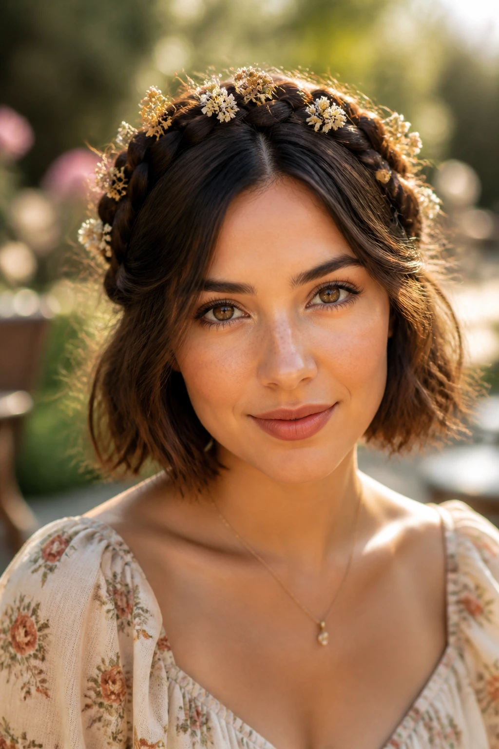 Portrait of a woman wearing a floral halo braid outdoors