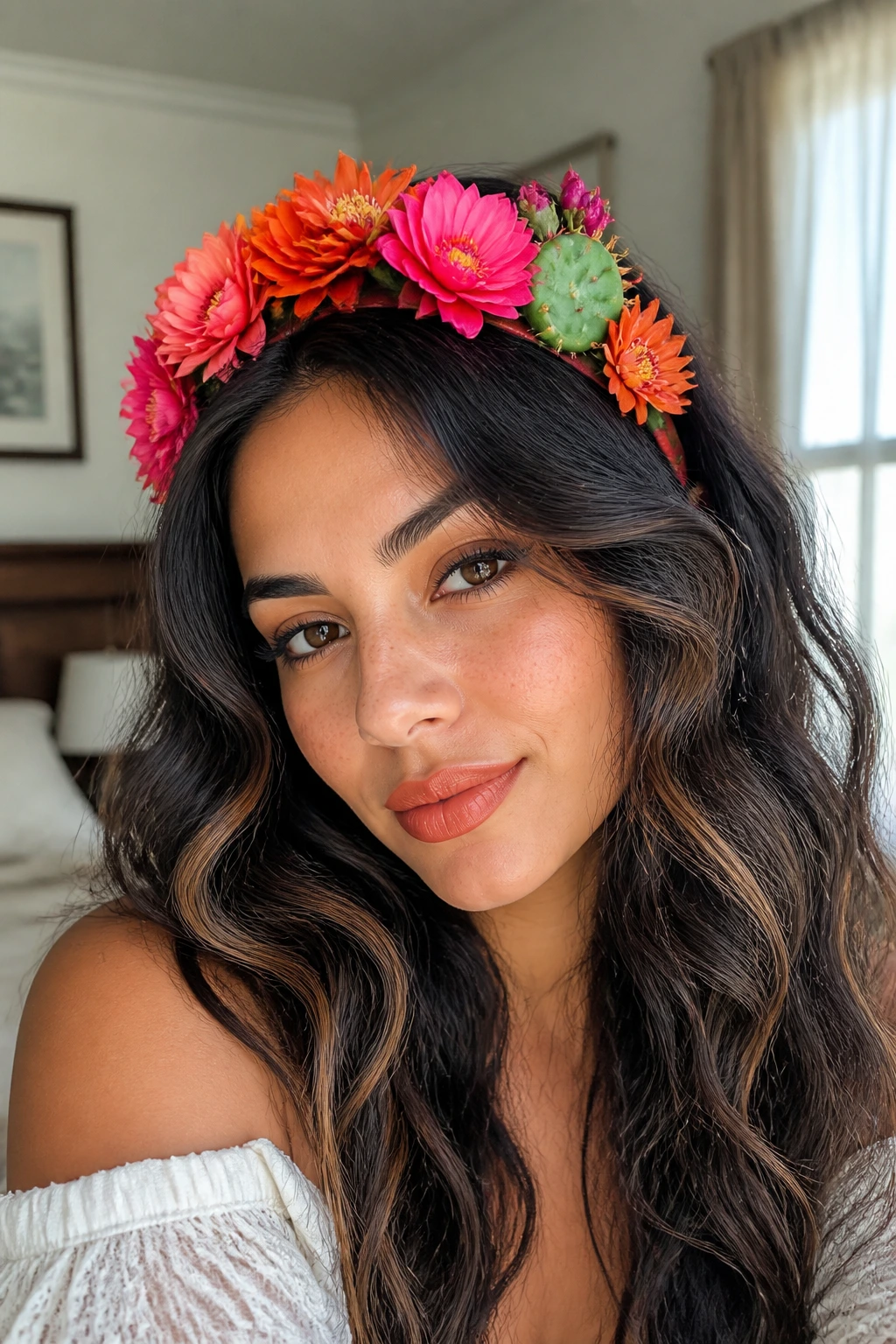 Close-up portrait of a Latina wearing a cactus blossom floral headband with loose textured waves