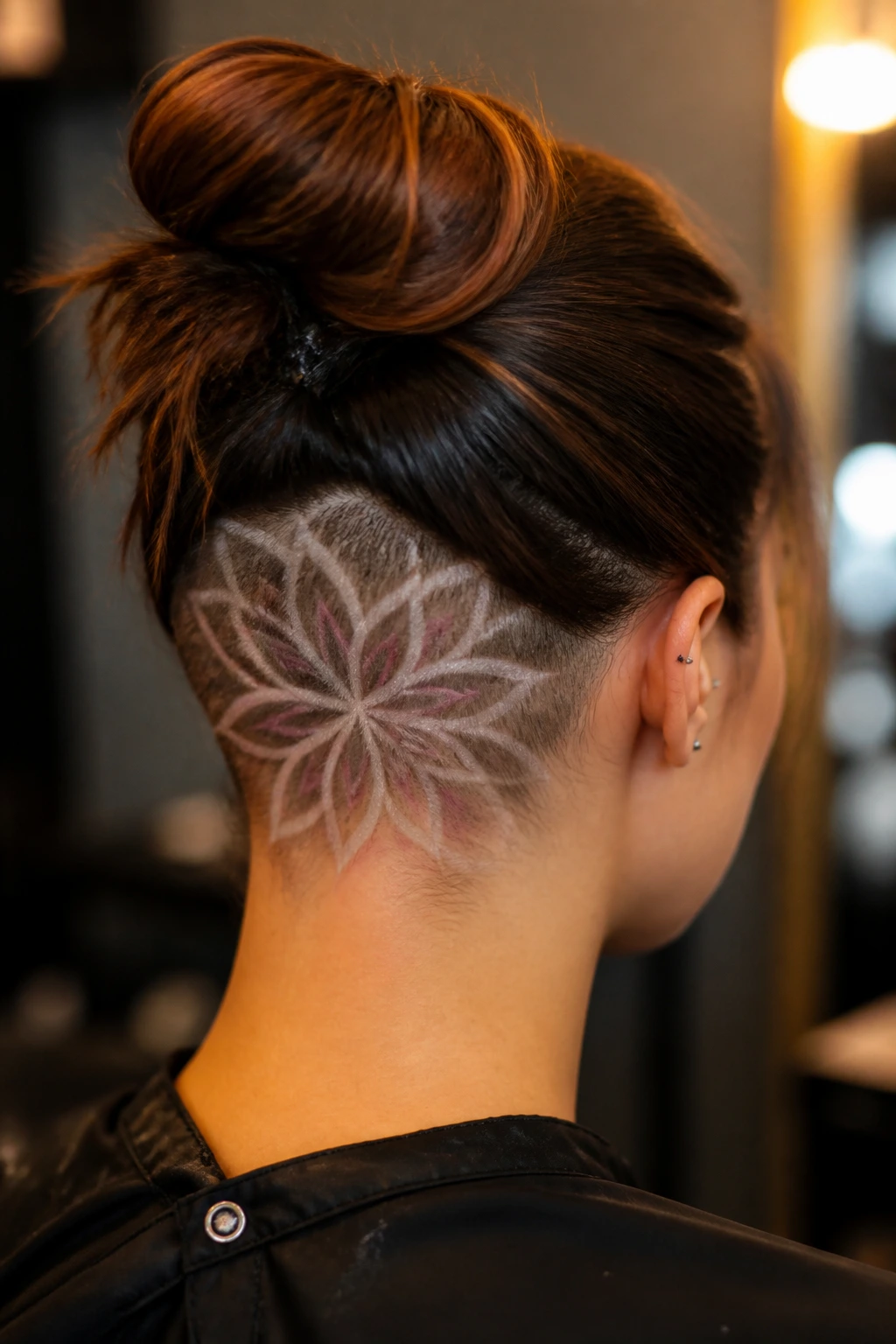 Back-of-head close-up of a real person with floral inlay shaved petals around a center point