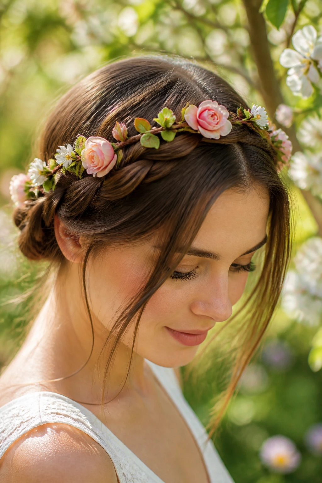 Silk floral vine headband worn as a crown braid