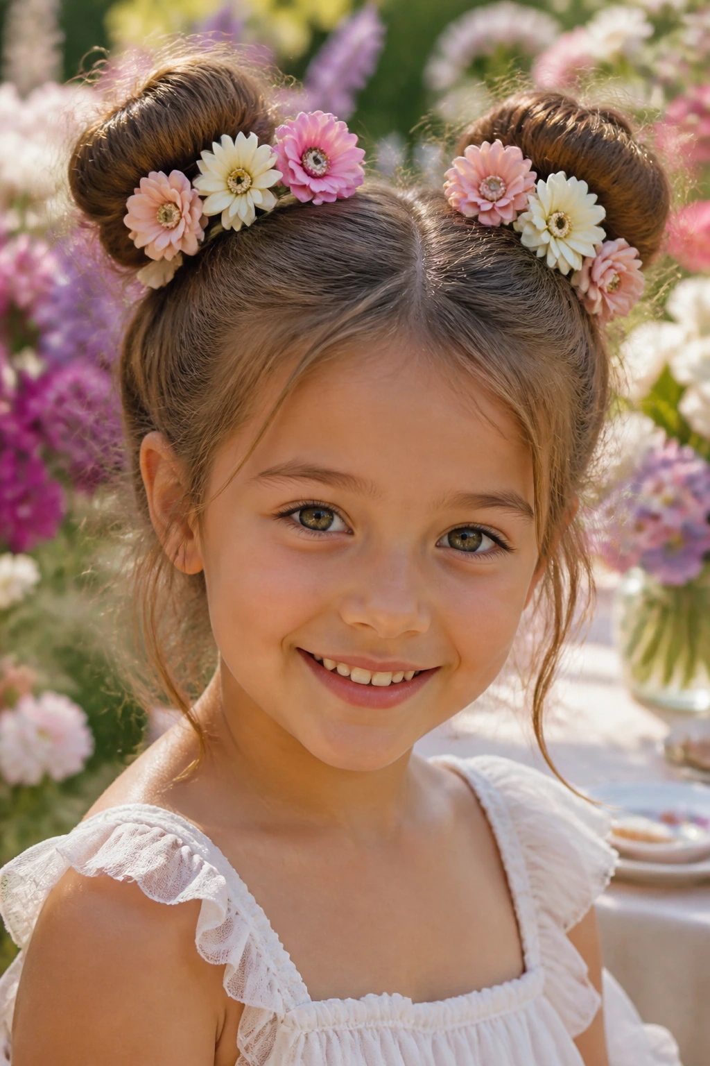 Close-up of child with flower-crowned buns in a garden setting