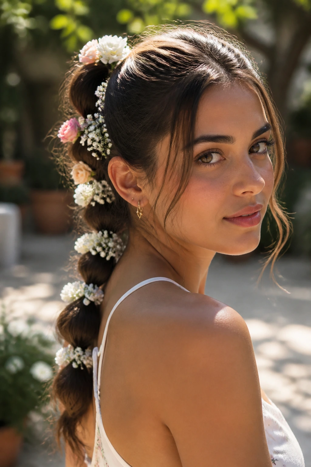 Close-up of Floral-Infused Micro Ponies with tiny flowers tucked into each pony on a real woman.