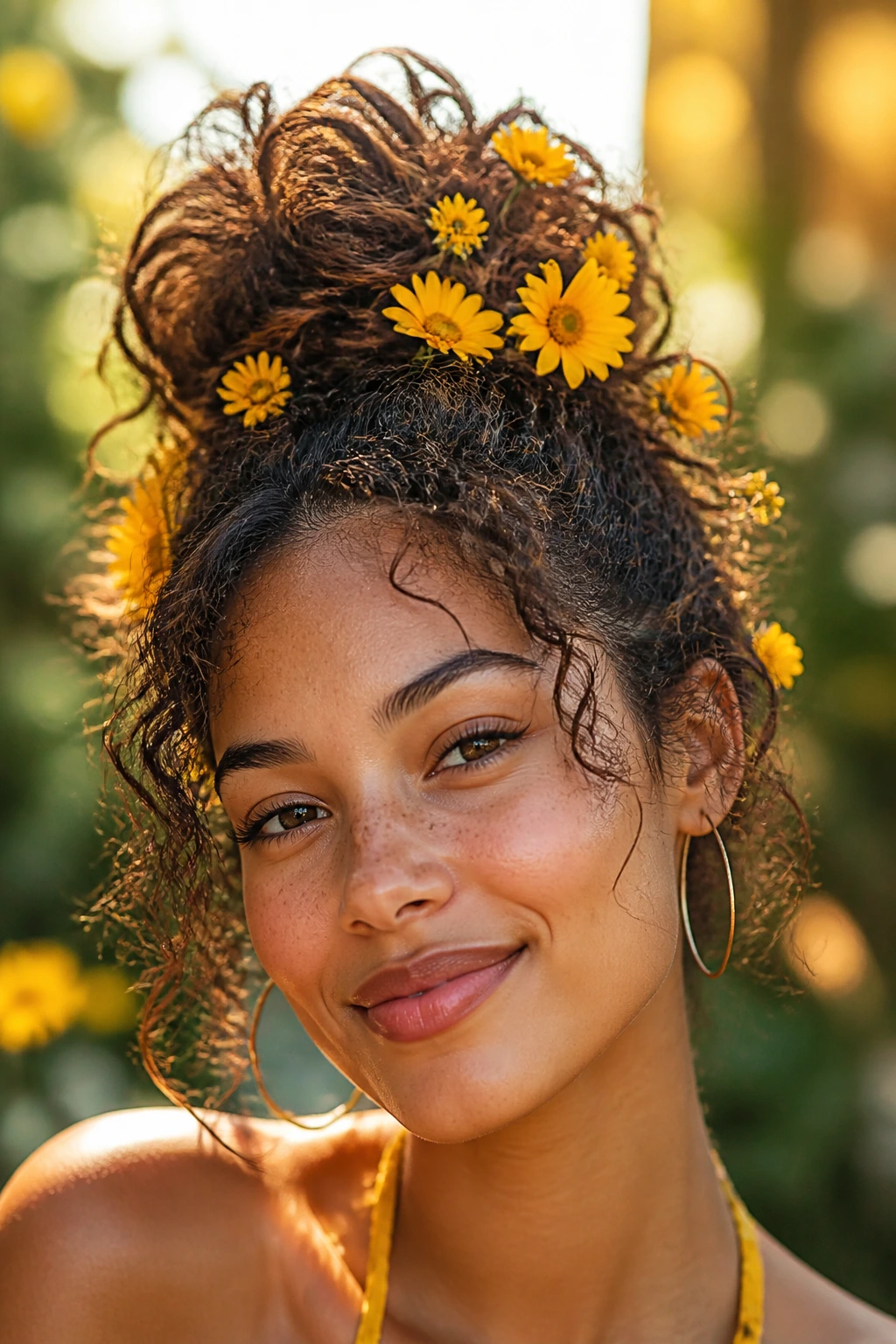 Close-up of a real woman with golden-yellow flowers in a messy top-knot