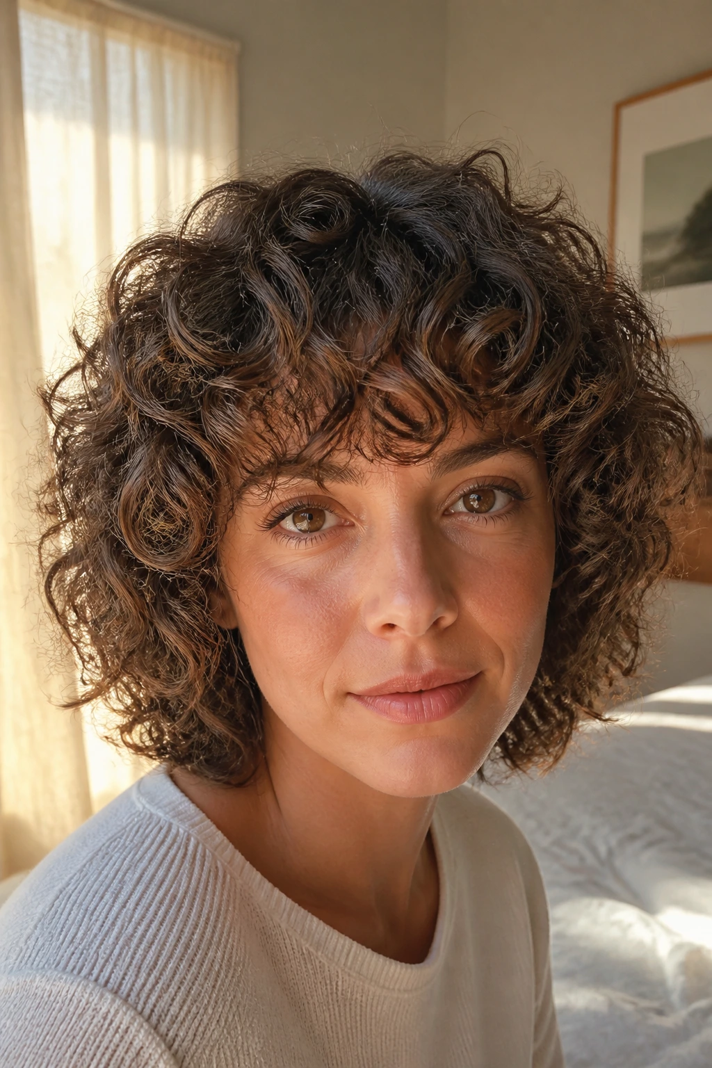 Close-up of a real woman with a fluffy curly fringe over the forehead and soft layered sides